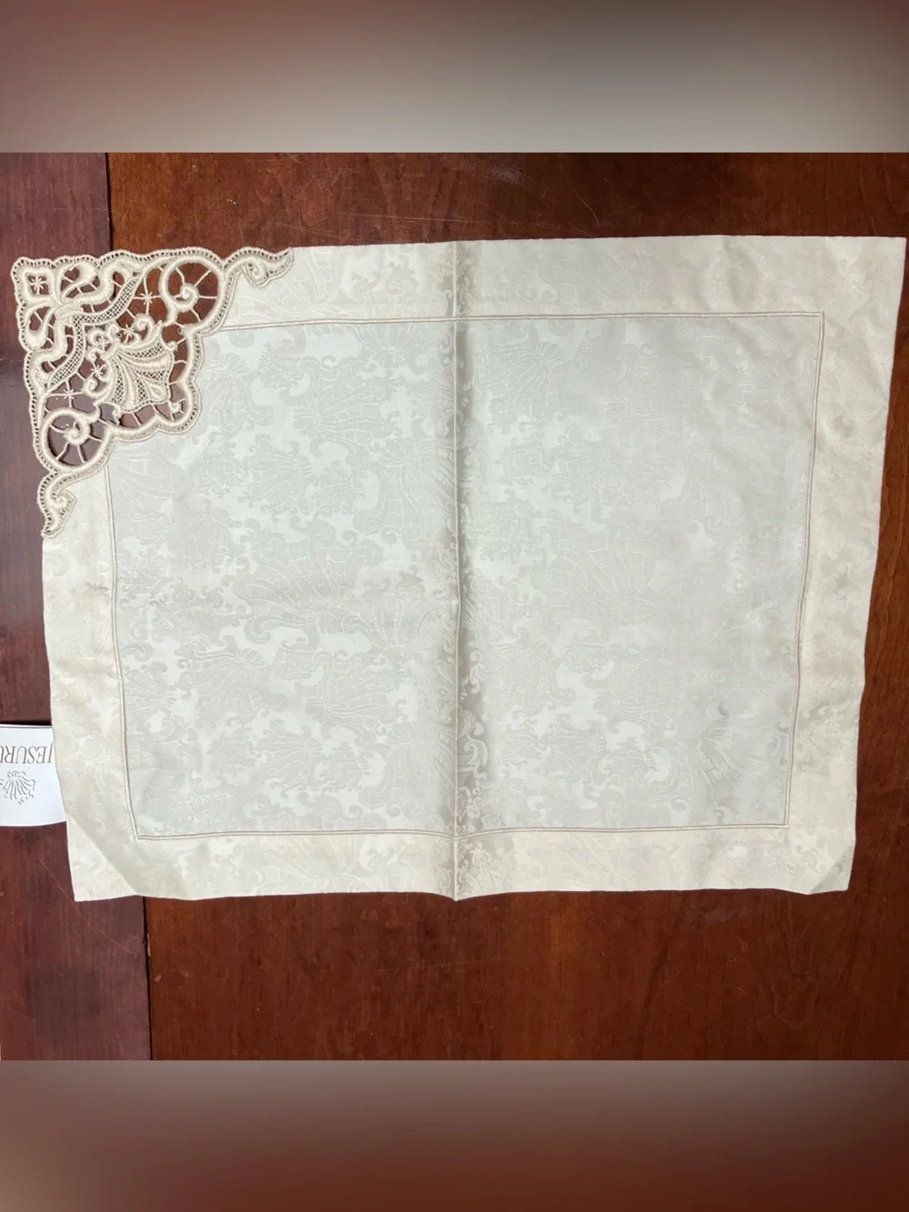 Jesurum Italian Cotton Cream Embroidered Napkins Damask (4) NEW Lace 14.5x18.5in - Picture 2 of 8